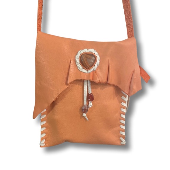 Boho Bespoke Leather Coral & Carnelian Heart Crossbody Handbag - Picture 5 of 5